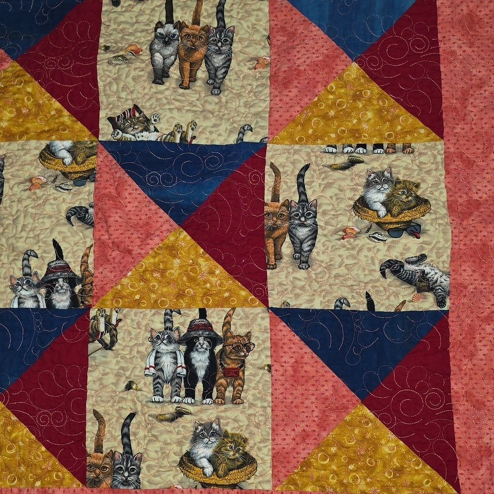 Handmade Cats At The Beach Quilt Blanket 54 X 60 Decorative Quilting Cat Lover​​ - Picture 3 of 10